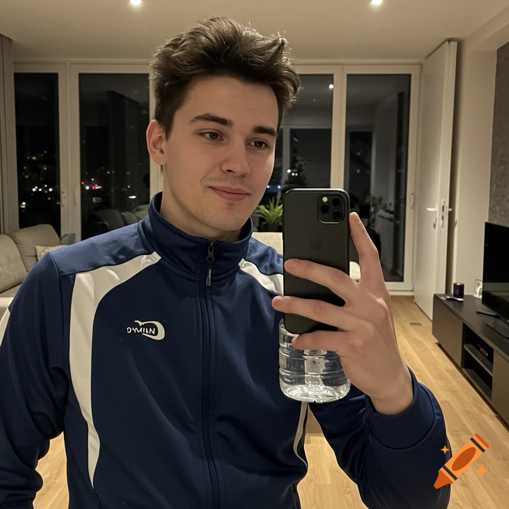 A young man in a blue and white tracksuit takes a selfie indoors at night, holding a smartphone with a water bottle attached.