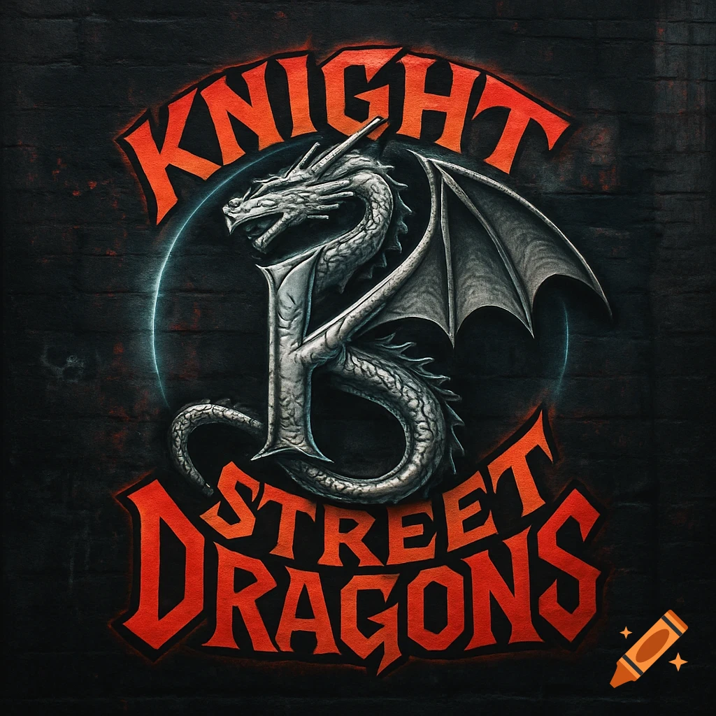 Stylized logo featuring a grey dragon coiled around a K, with 'KNIGHT' above and 'STREET DRAGONS' below in orange on a dark brick background.