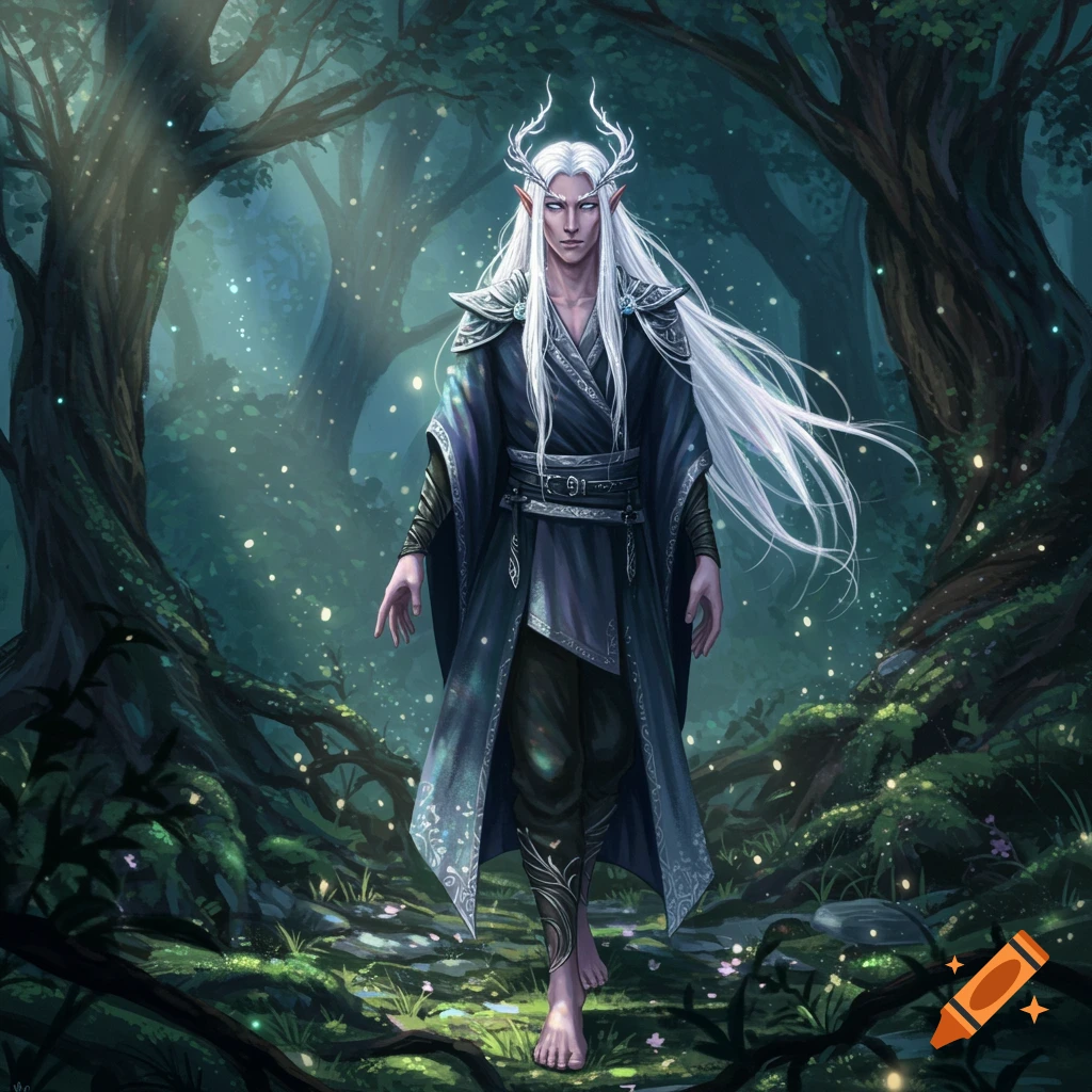 A male elf with long white hair and antlers walks through a mystical, dark forest filled with glowing light orbs.