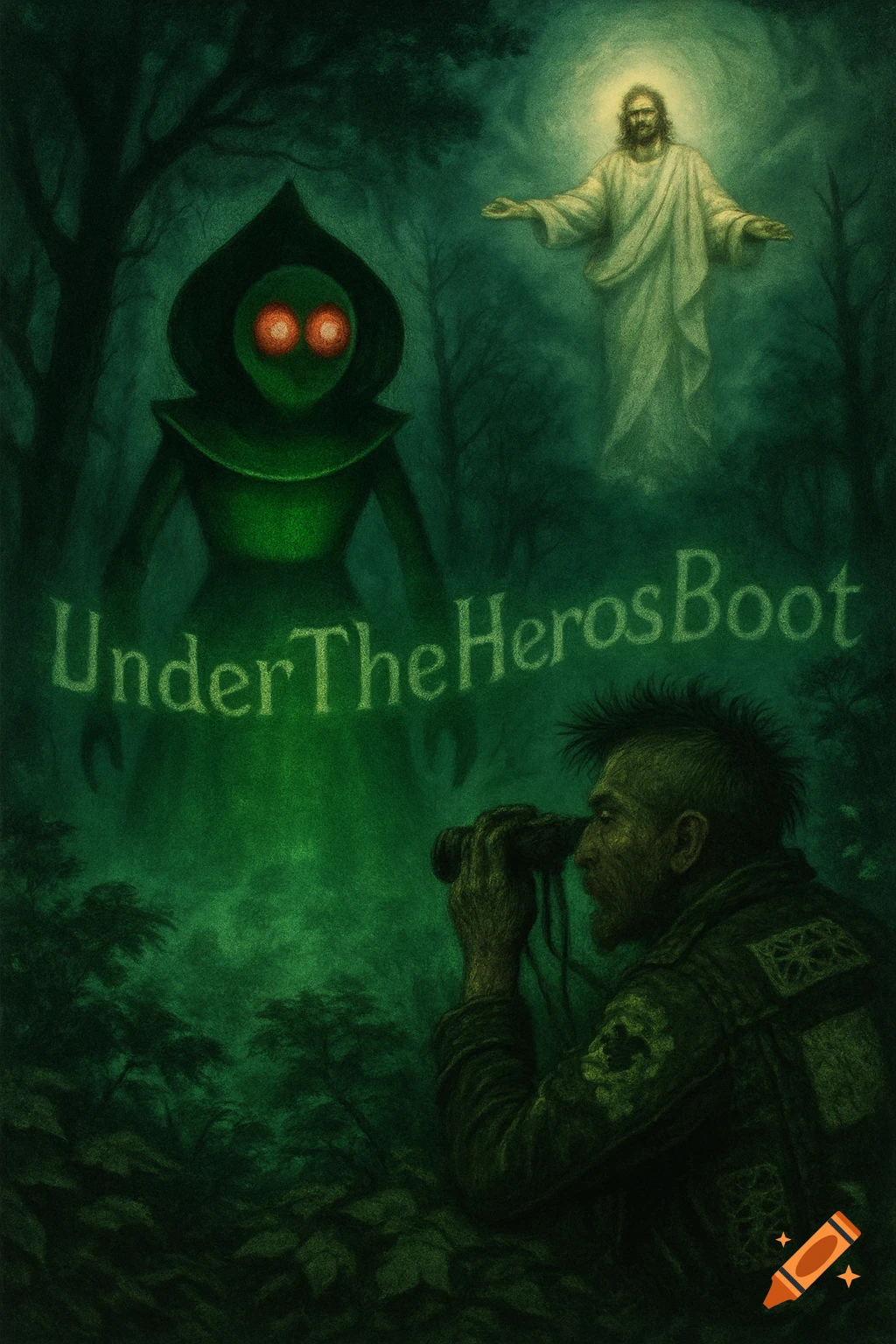 A man with binoculars observes a Flatwoods monster and glowing Jesus in a dark, misty forest with 'UnderTheHerosBoot' text.
