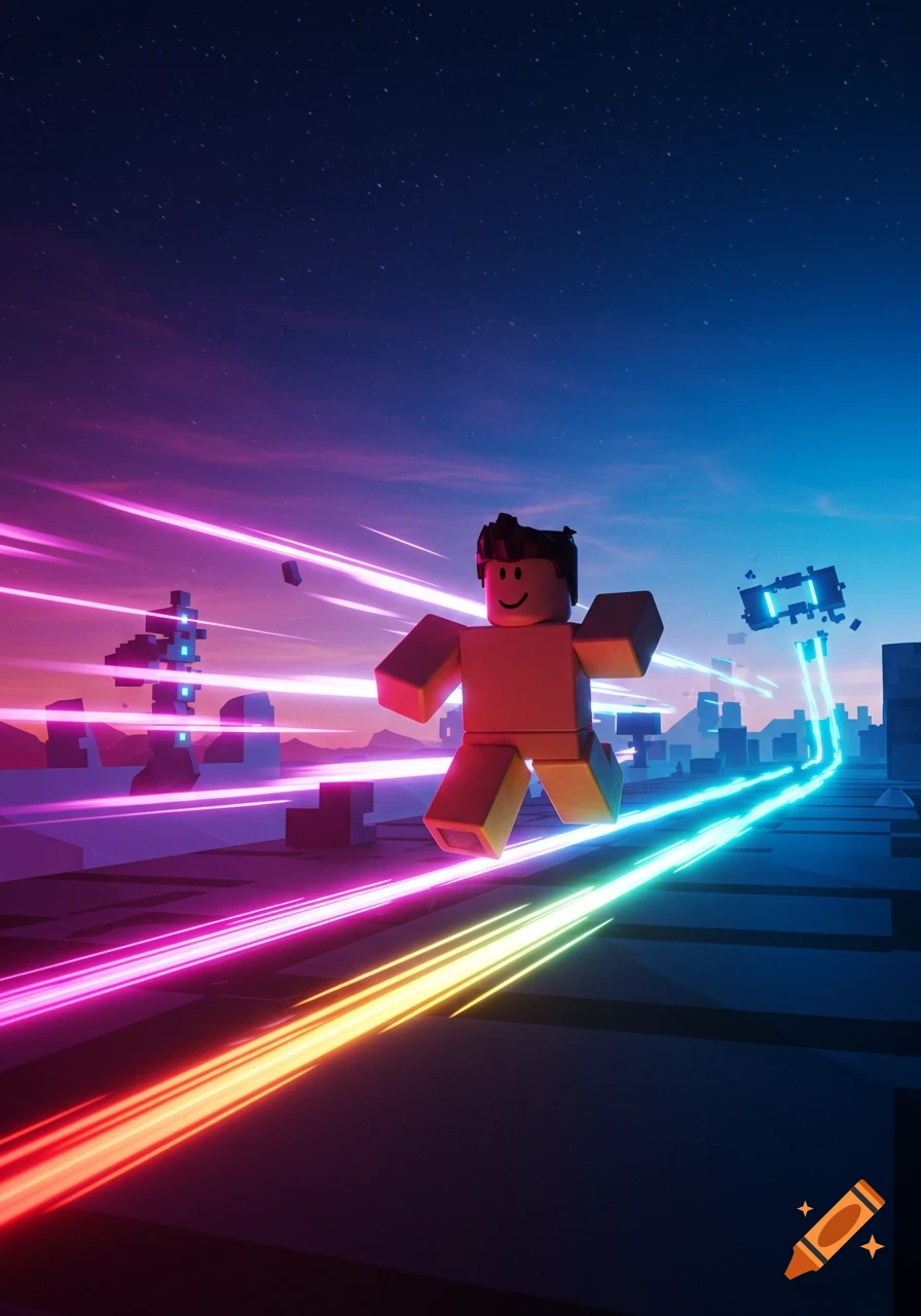 A Roblox character running with colorful glowing speed lines across a stylized futuristic cityscape at dusk.