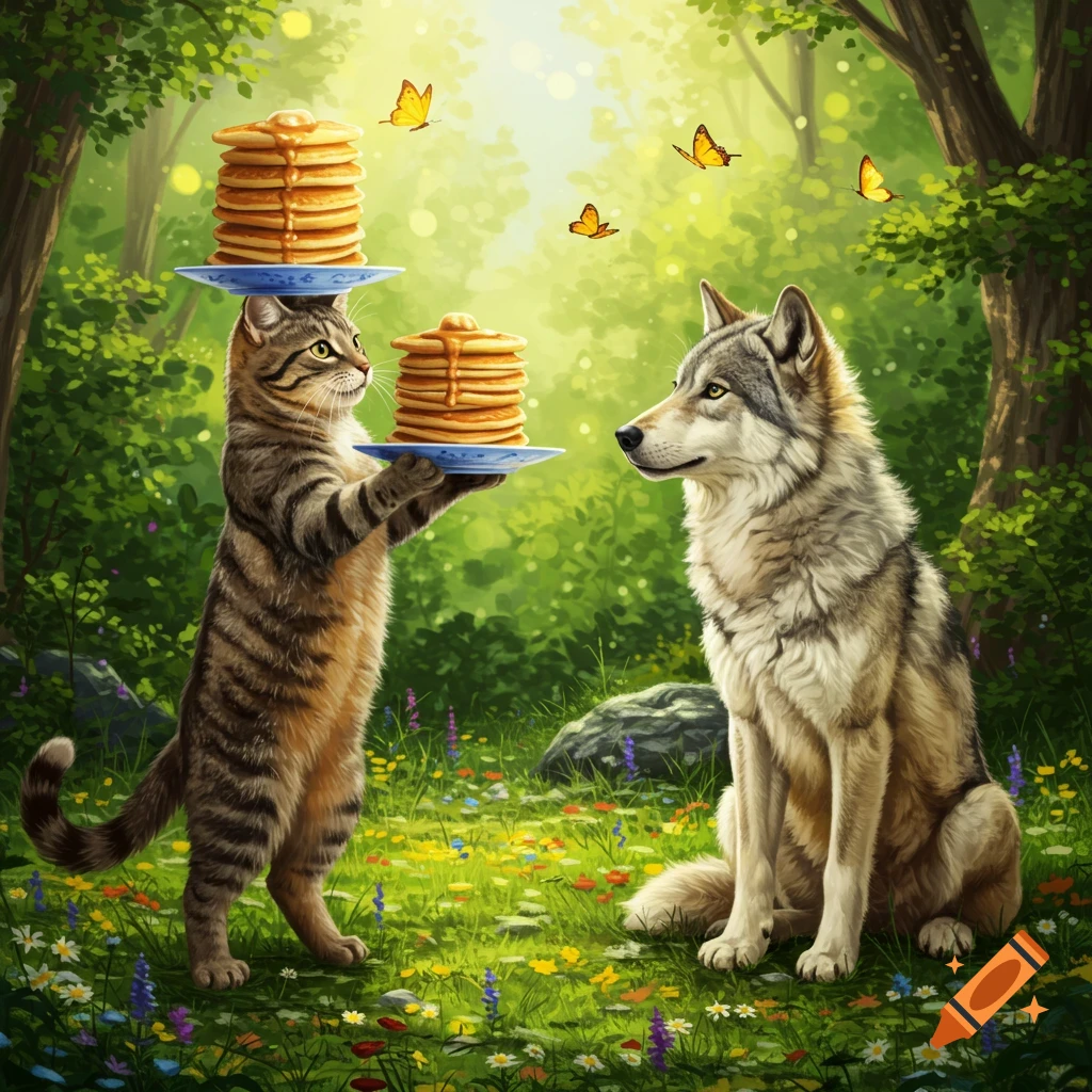 A cat holding a plate of pancakes, with another stack on its head, stands before a wolf in a lush forest with butterflies.