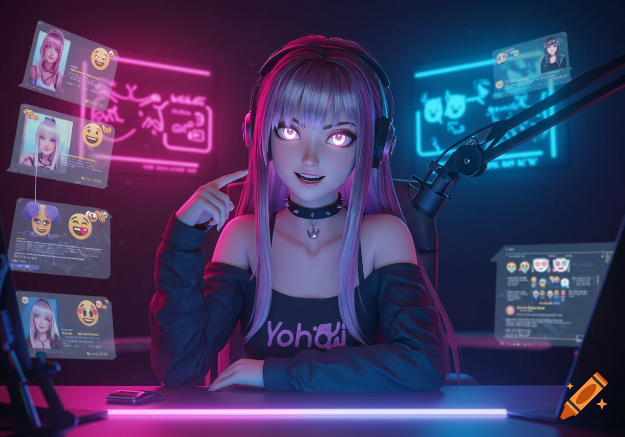 An anime-style female streamer with purple hair and glowing eyes sits at a desk with headphones and a mic, surrounded by holographic screens and neon lights.