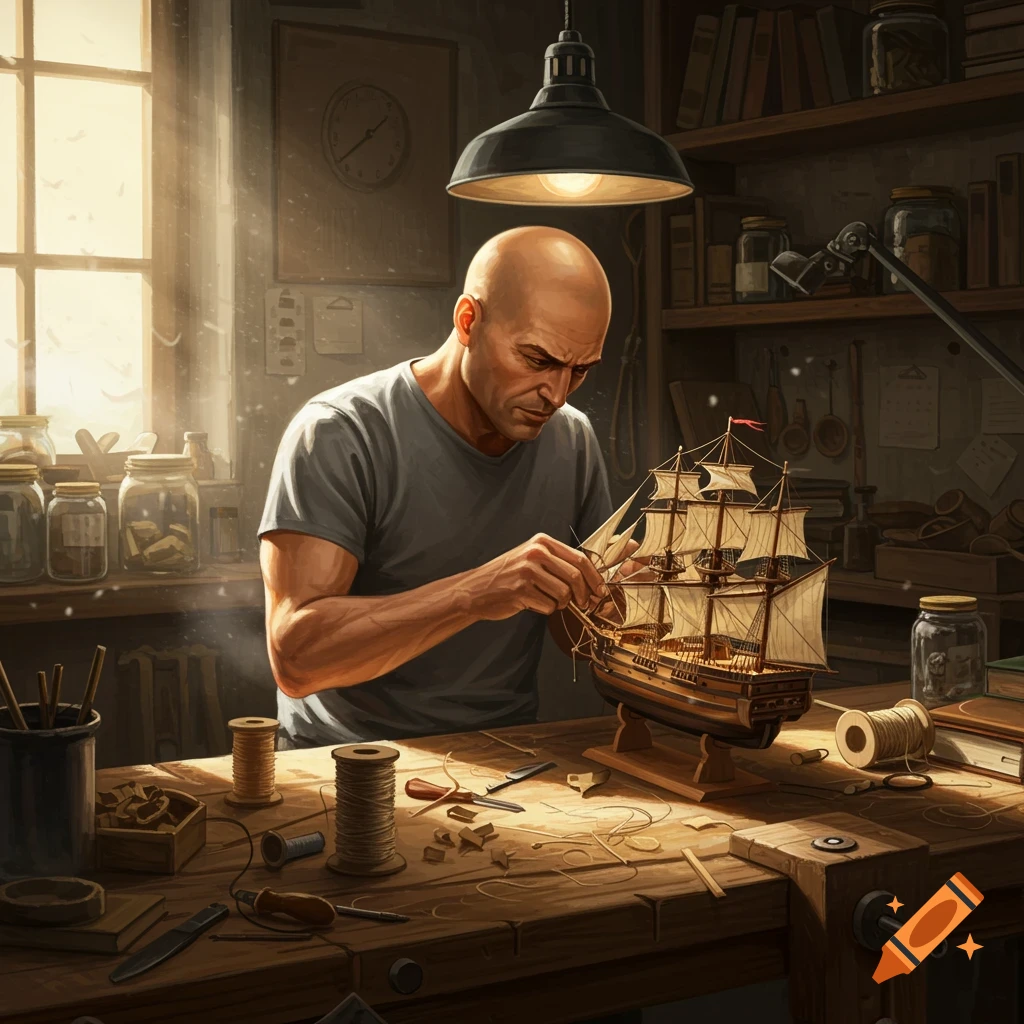 A bald man meticulously builds a detailed model ship in a sunlit workshop, surrounded by tools and materials.