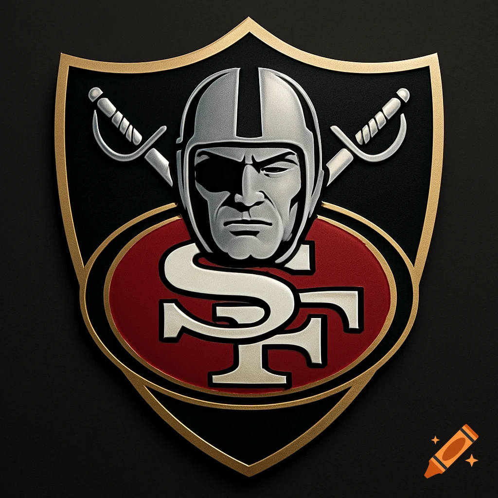A shield-shaped logo blending the Las Vegas Raiders and San Francisco 49ers, featuring a helmeted figure with an eye patch above the 'SF' initials.