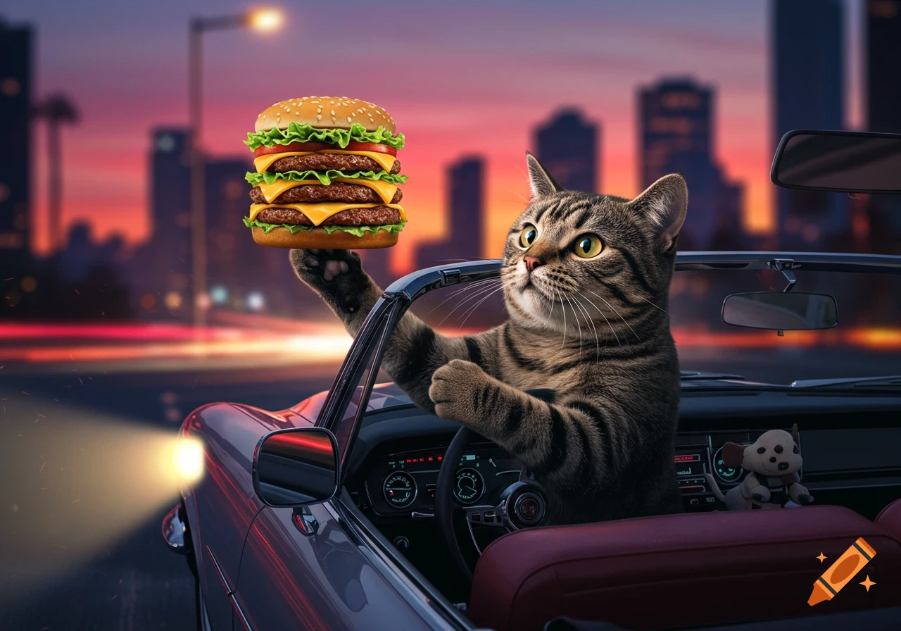 A tabby cat in a convertible car holds a large triple cheeseburger against a vibrant sunset city skyline.