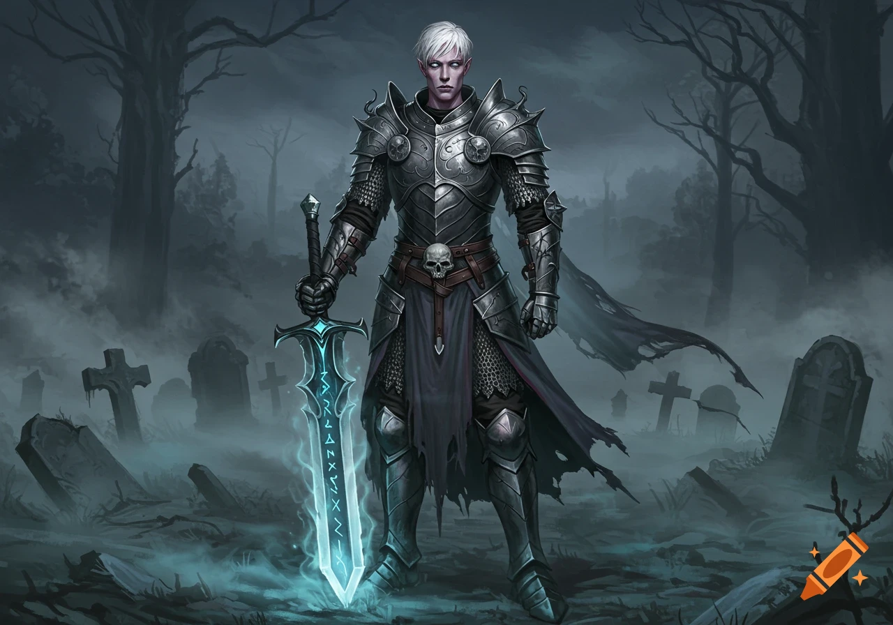 A pale-skinned male paladin in dark plate armor holds a glowing blue sword in a foggy graveyard.