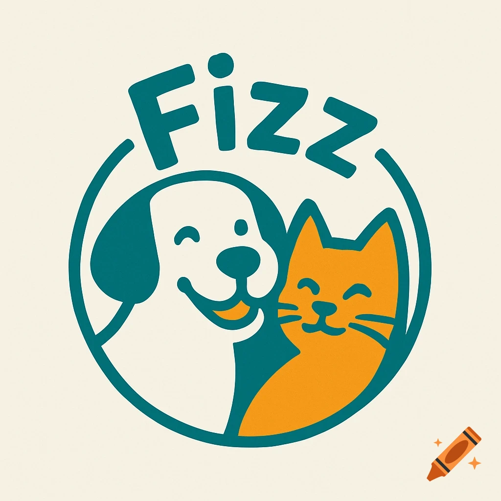 Circular logo with 'Fizz' text above a smiling white dog and orange cat.