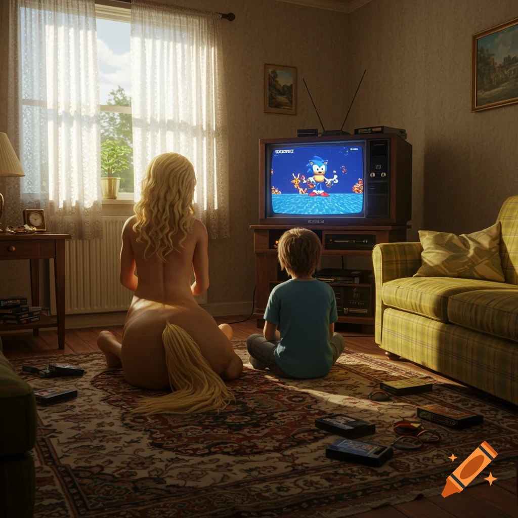 A blond centaur and a child sit on the floor, backs to the viewer, watching Sonic the Hedgehog on a vintage TV in a retro living room.
