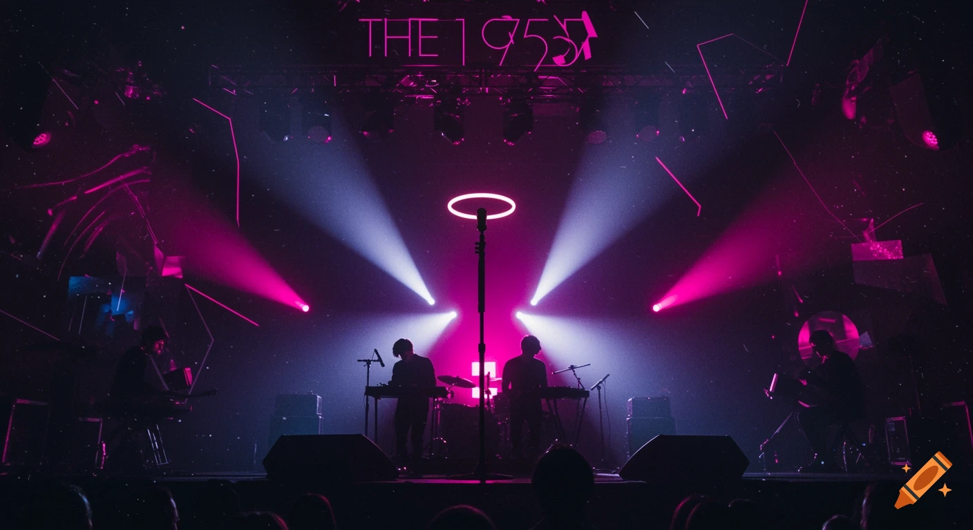 A moody concert scene of the band The 1975 on stage, illuminated by pink and white spotlights and a neon sign.