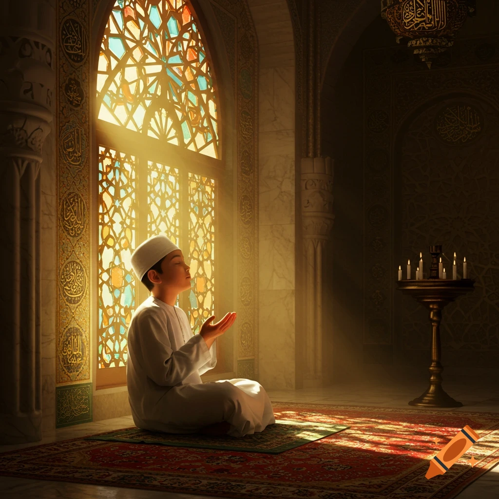 A boy in traditional attire kneels praying on a rug inside a sunlit mosque, with intricate stained glass windows and ornate architecture.