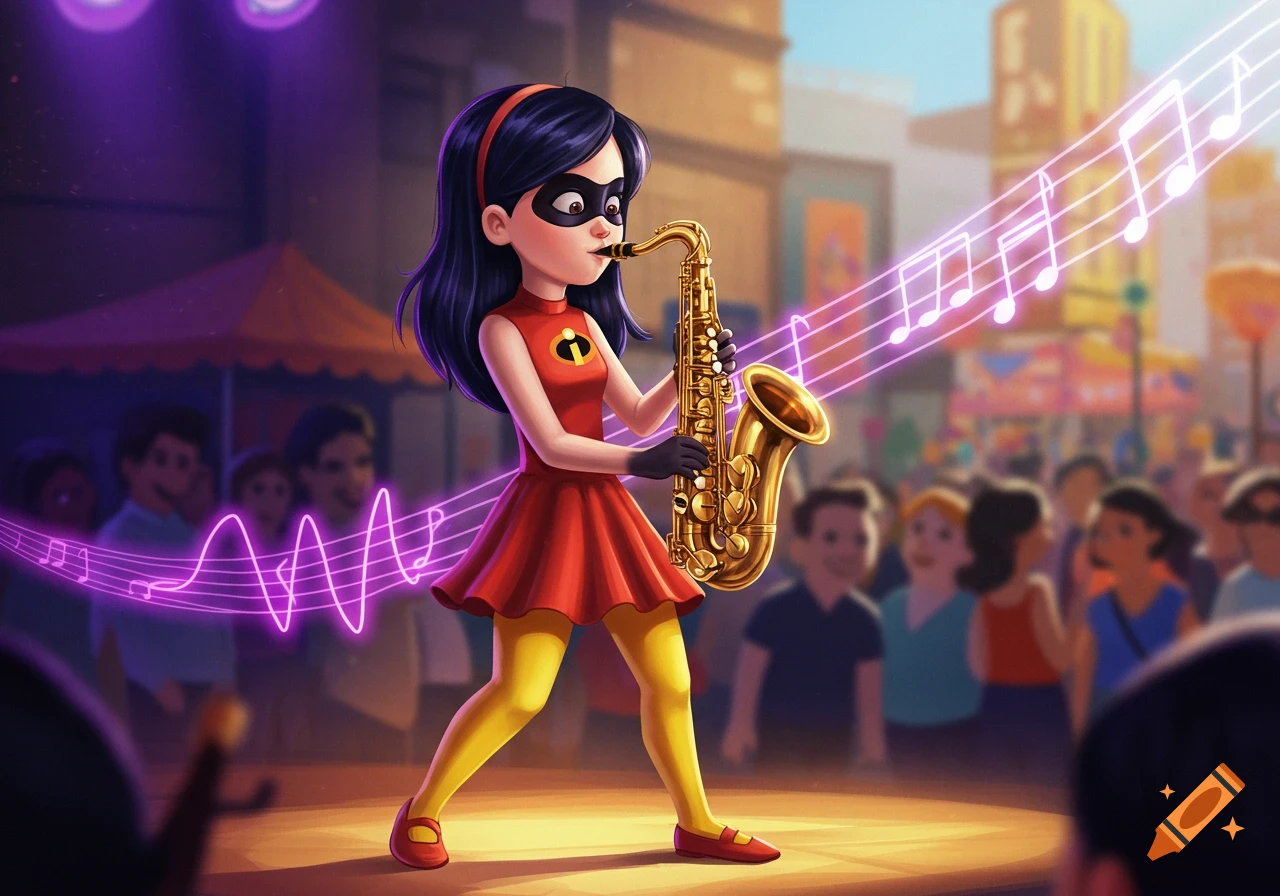Stylized cartoon illustration of Violet from The Incredibles playing a saxophone on stage, surrounded by glowing purple musical notes and a blurred audience.