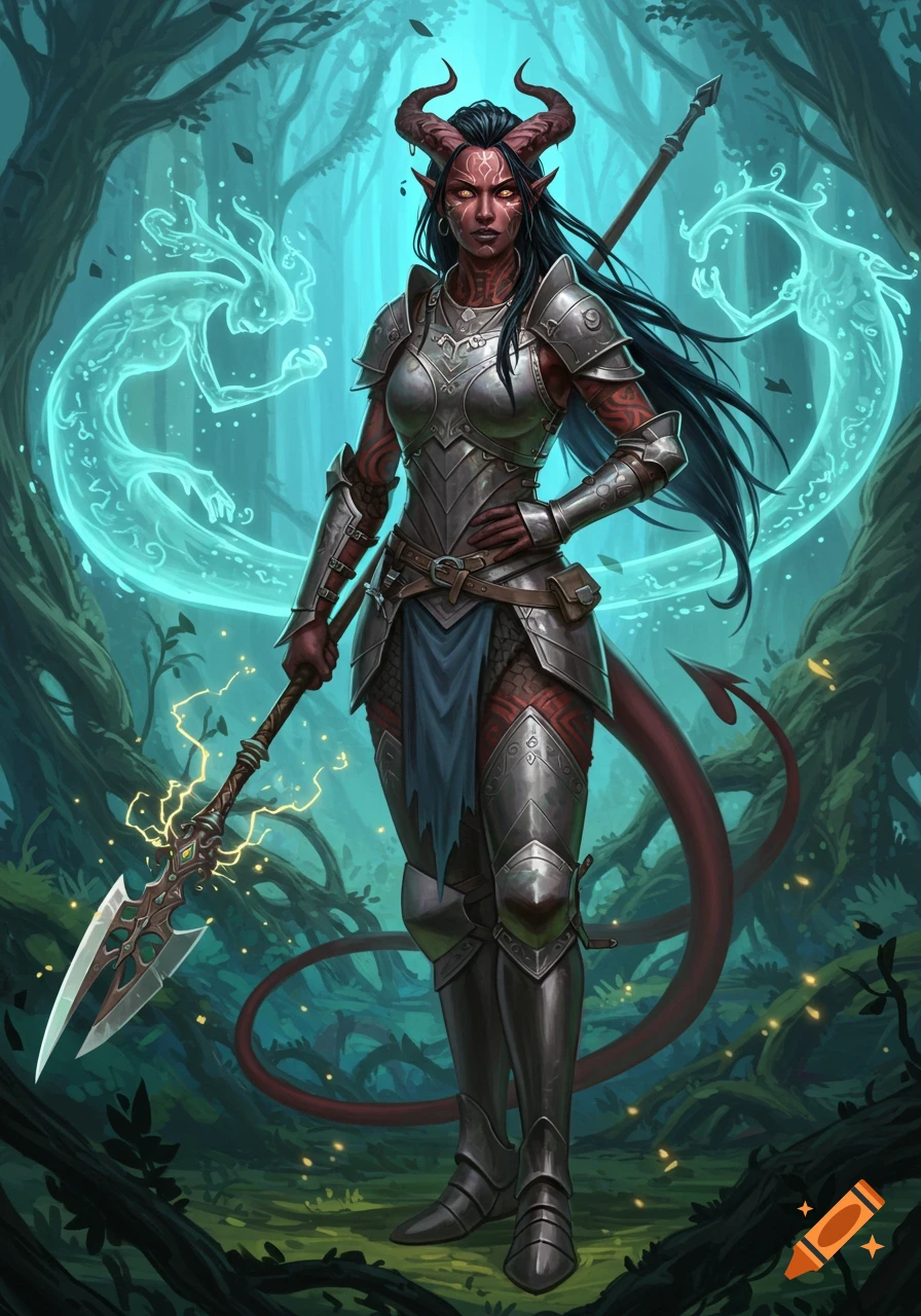 A red-skinned female tiefling paladin in silver armor, with horns and black hair, stands in a dark fantasy forest with glowing spirits, holding a glowing spear.