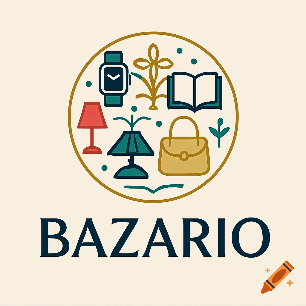 A cream-colored logo for 'Bazario' with a circular emblem featuring stylized icons of a smartwatch, lamps, book, and handbag in teal, red, and gold.