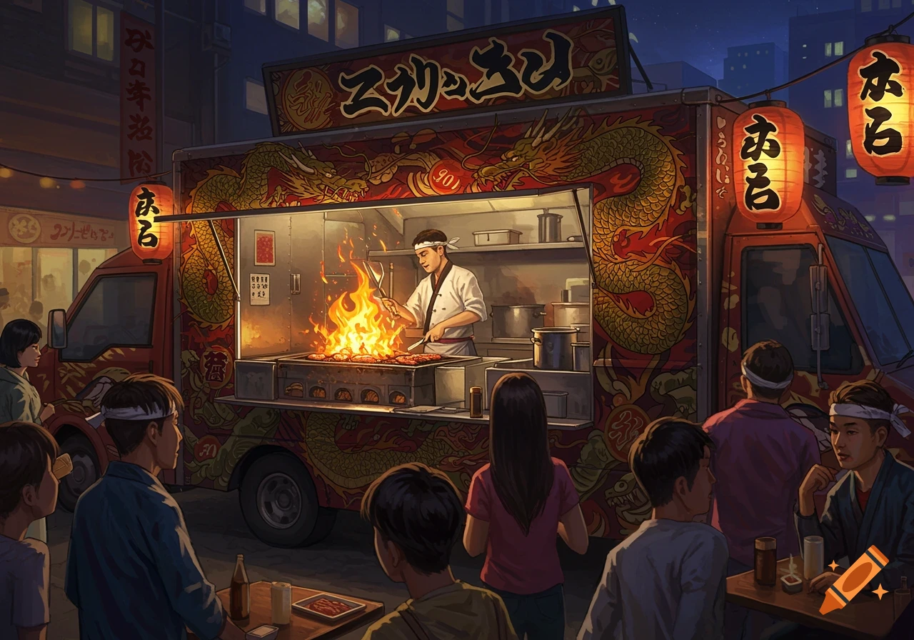 Chef grilling food on a busy street from a red food truck adorned with dragons, surrounded by customers at night.