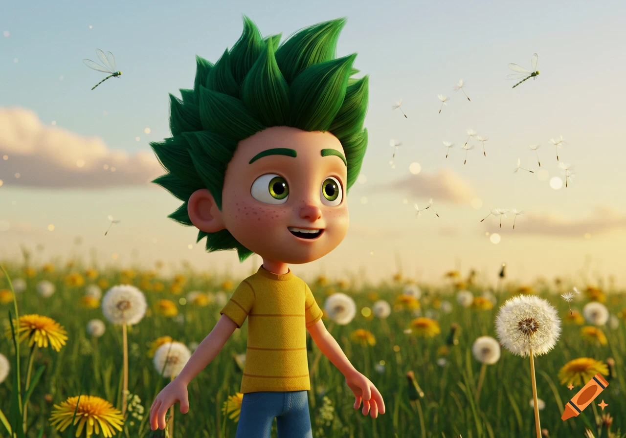 A happy animated boy with spiky green hair and freckles stands in a field of dandelions at sunset, with dragonflies and dandelion seeds in the air.