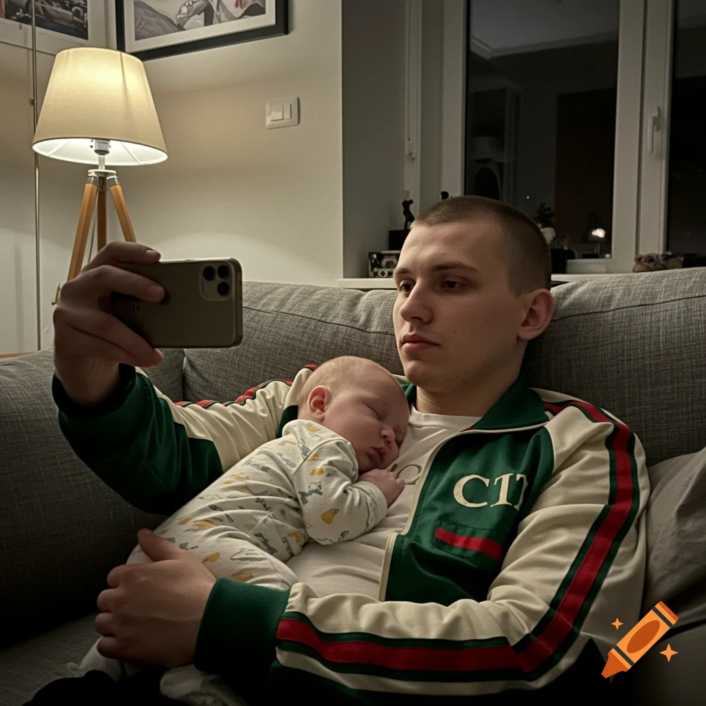 A man holds a sleeping baby on his chest while sitting on a couch at night, taking a selfie with his phone.