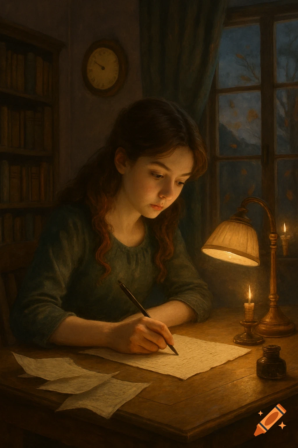 A young woman with long hair writes a letter at a wooden desk, illuminated by a lamp and candles in a dimly lit room.