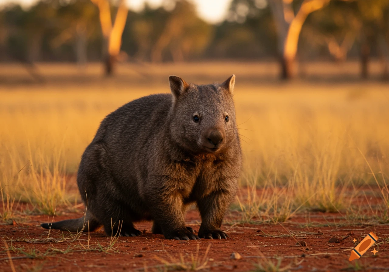 A photorealistic wombat stands on red dirt with golden grass and trees in the background during sunset.