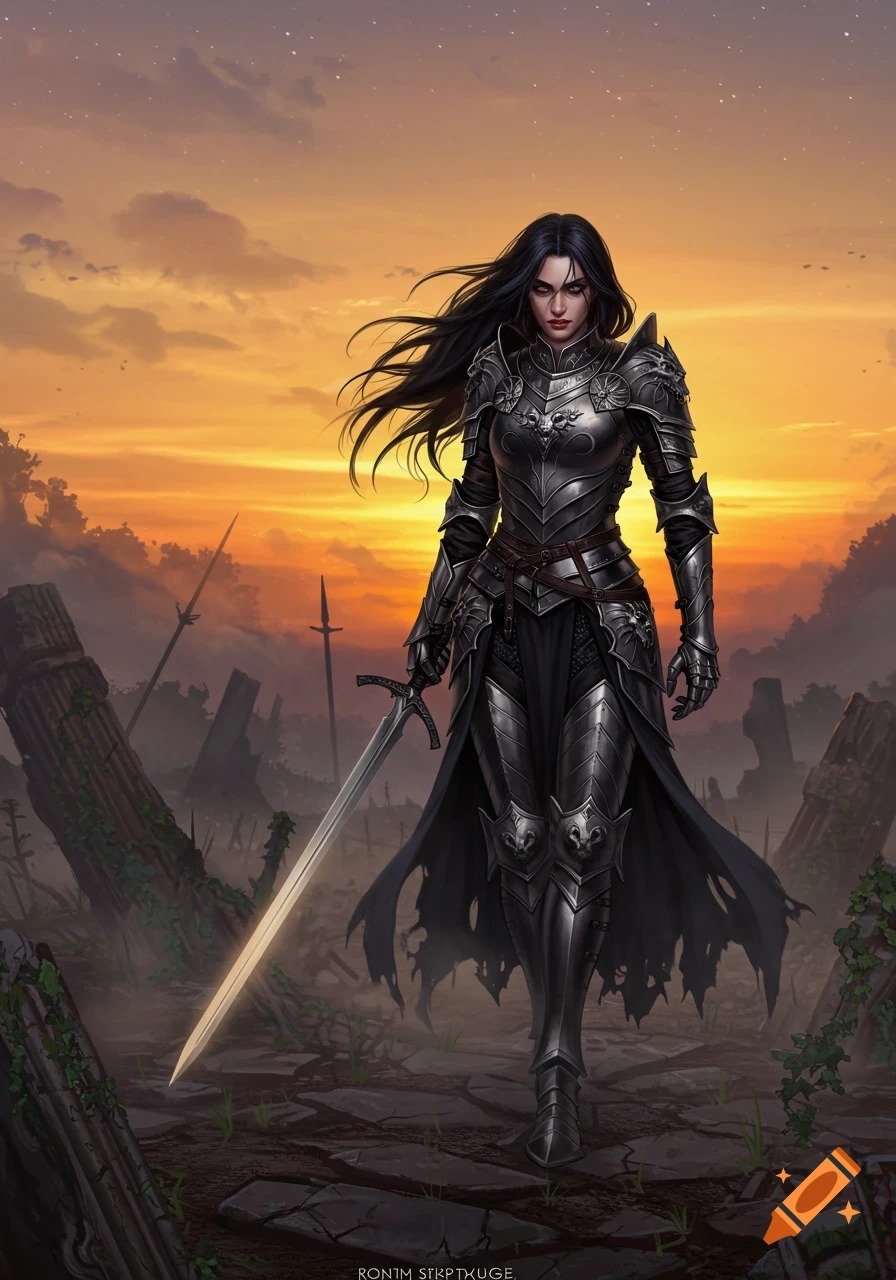 A dark-haired female warrior in elaborate black armor stands in a desolate, ruined landscape holding a sword, against a fiery orange sunset.