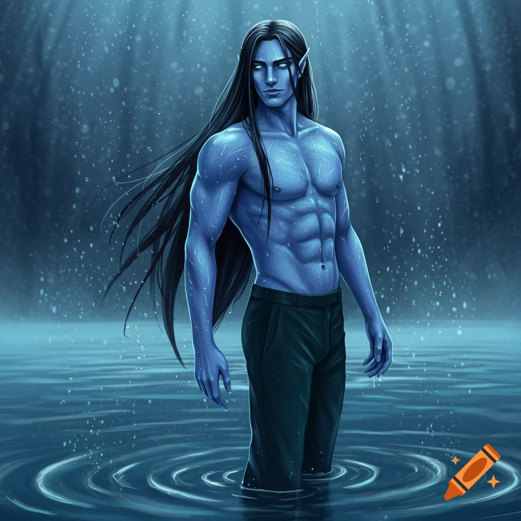 Blue-skinned male fantasy character with long black hair and pointed ears stands shirtless in dark water, wearing pants.