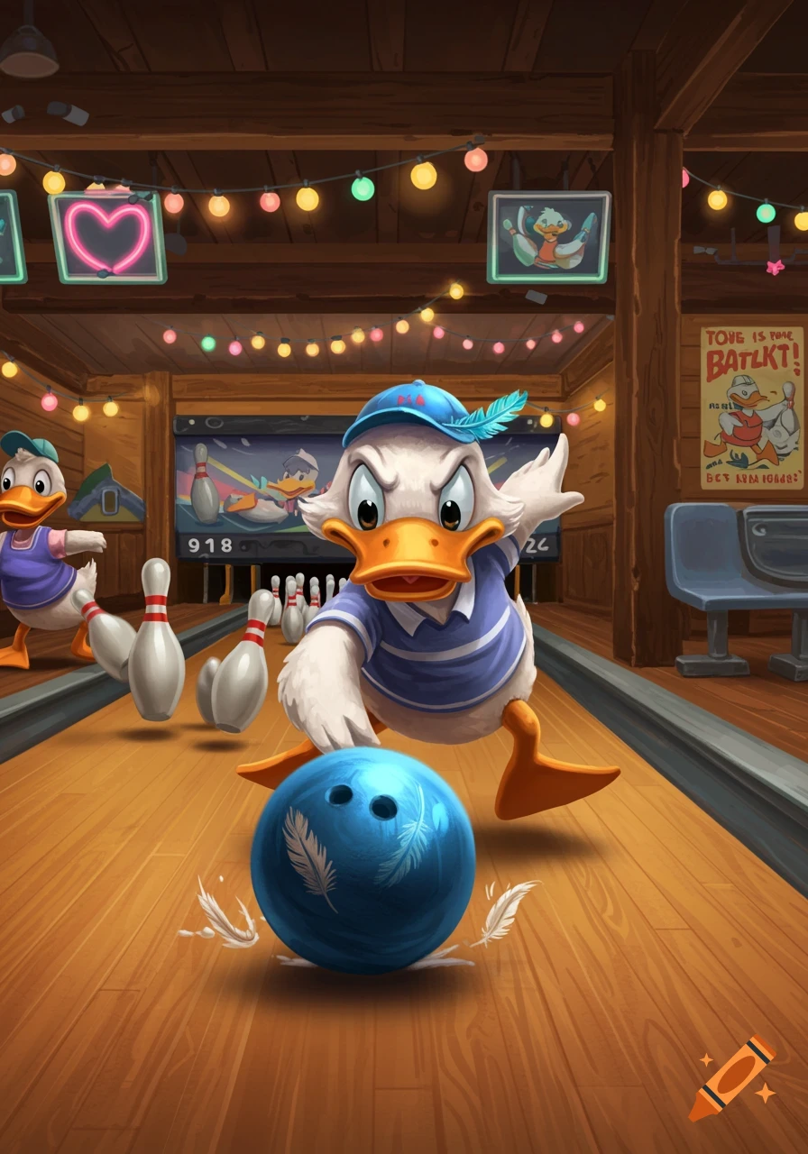 A cartoon duck in a blue cap bowls in a lane, while another duck watches. Bowling pins are falling in a colorful bowling alley.