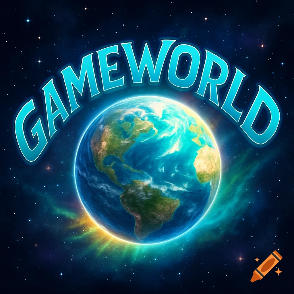 Stylized text 'GAMEWORLD' arches over a vibrant Earth in deep space, surrounded by stars and nebulae.