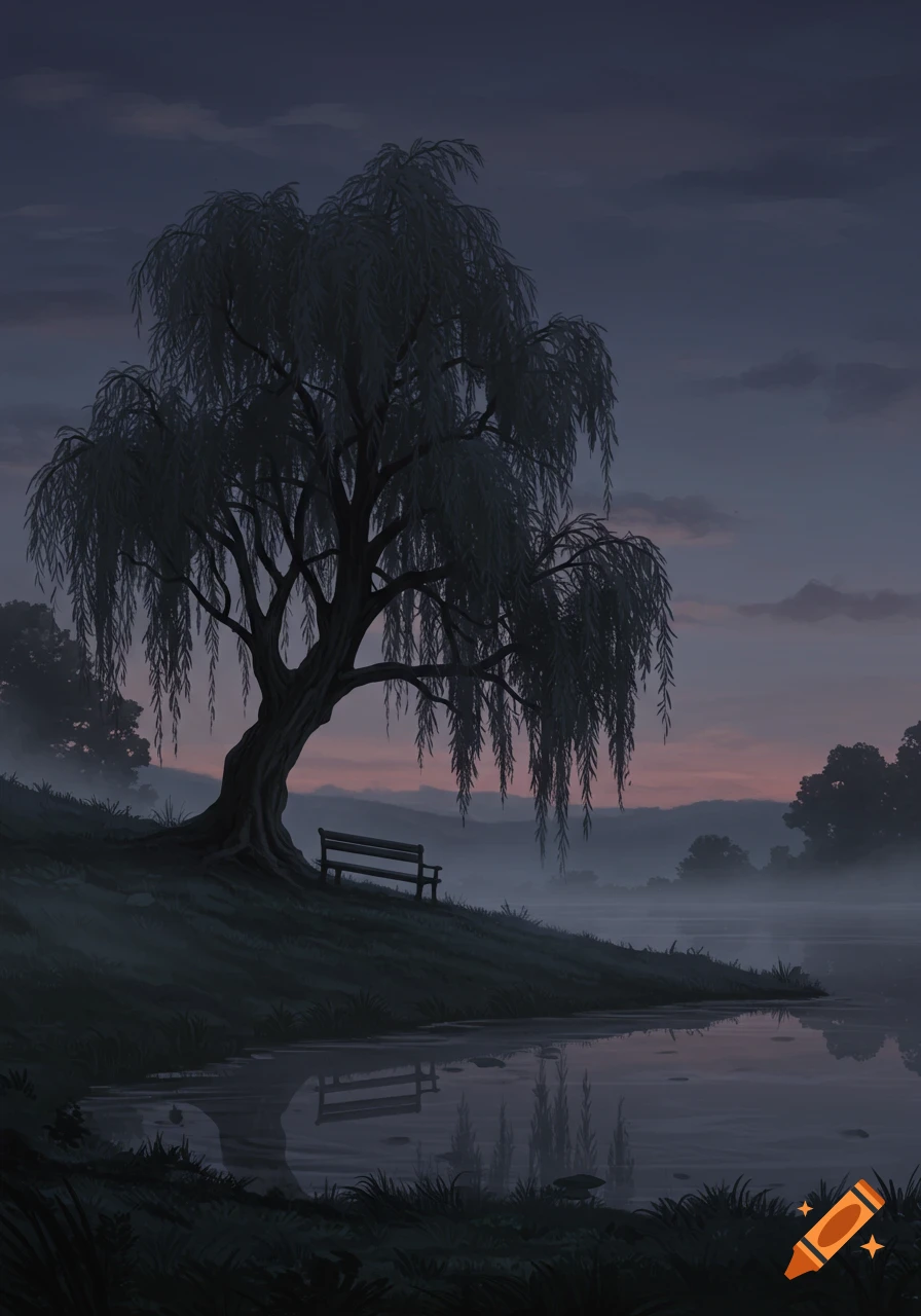 A somber digital painting of a willow tree with a bench by a misty lake at dusk, with subtle sunset colors.