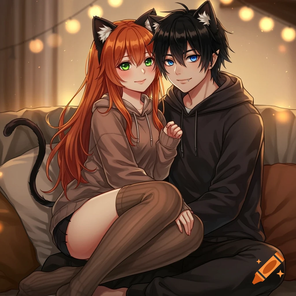 Anime couple cuddling on a couch. A girl with ginger hair, green eyes, cat ears, and tail sits next to a boy with black hair, blue eyes, and fangs.