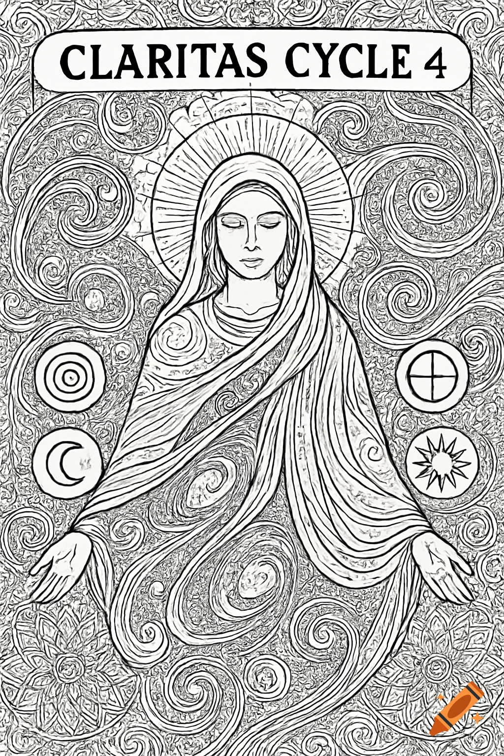 Black and white line art of a robed figure with halo and outstretched arms, surrounded by swirls and symbols. Title 'CLARITAS CYCLE 4'.