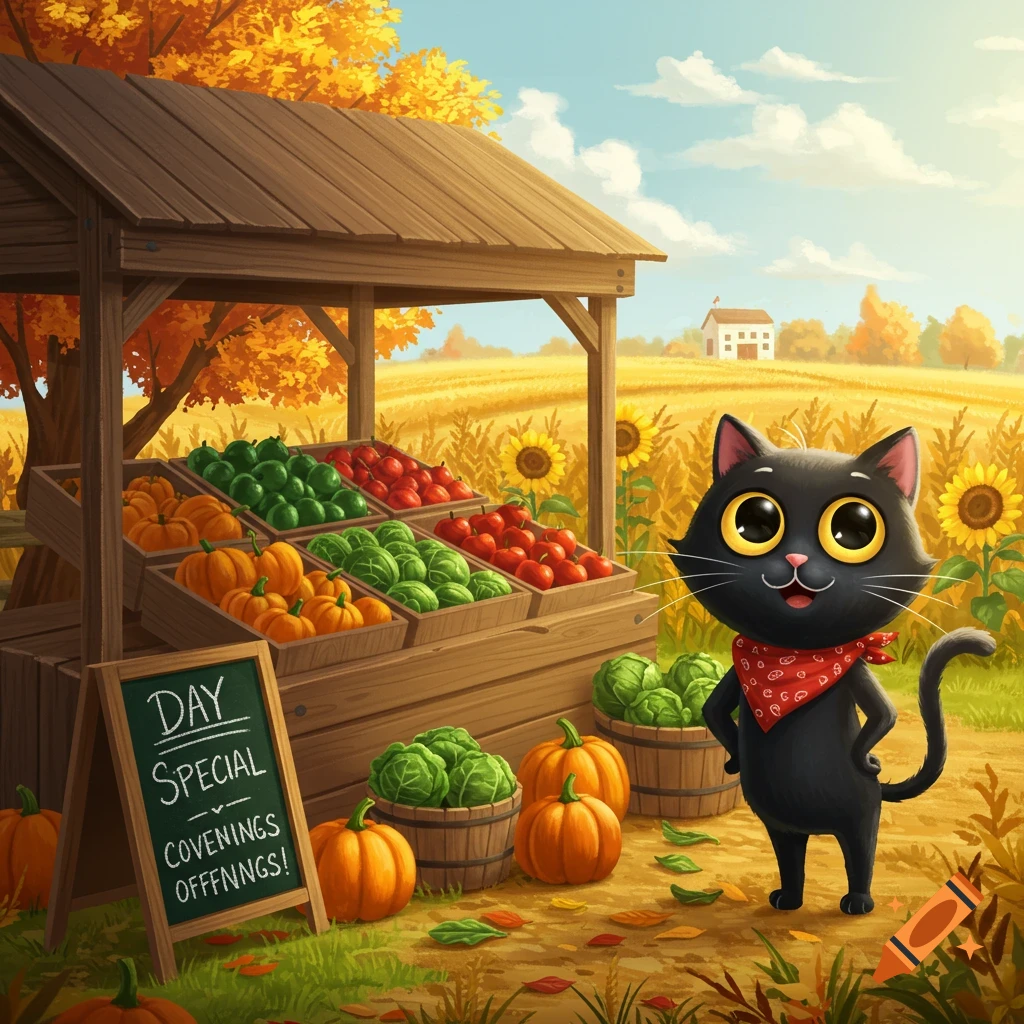 A cartoon black cat with large eyes and a red bandana stands beside a rustic farm stand filled with pumpkins, cabbages, and apples.