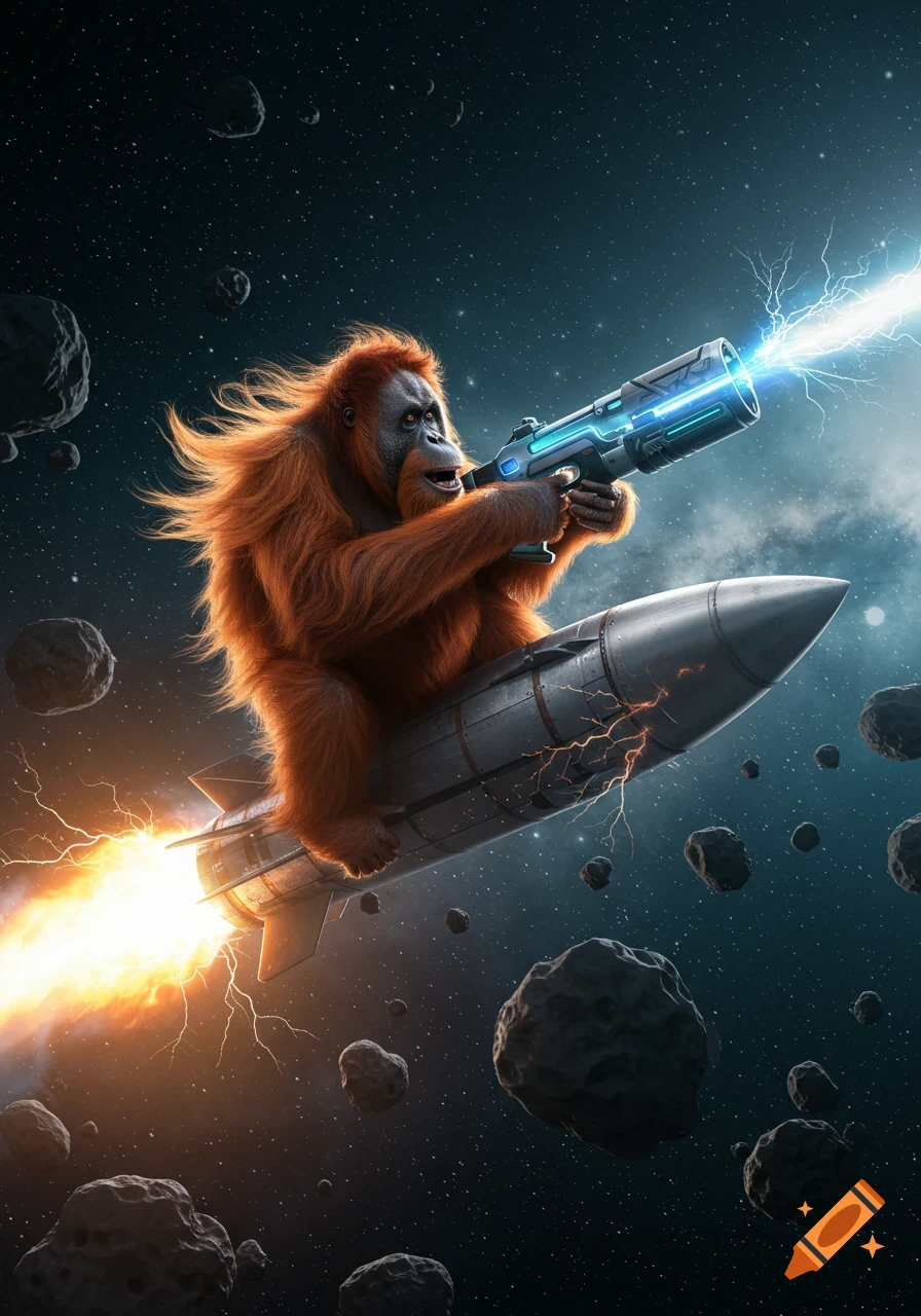 A hyper-detailed illustration of a fierce orangutan riding a rocket in deep space, firing a futuristic plasma gun as asteroids float around.