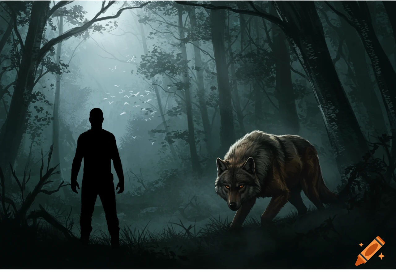 A silhouetted man stands in a dark, misty forest as a wolf with glowing eyes approaches.