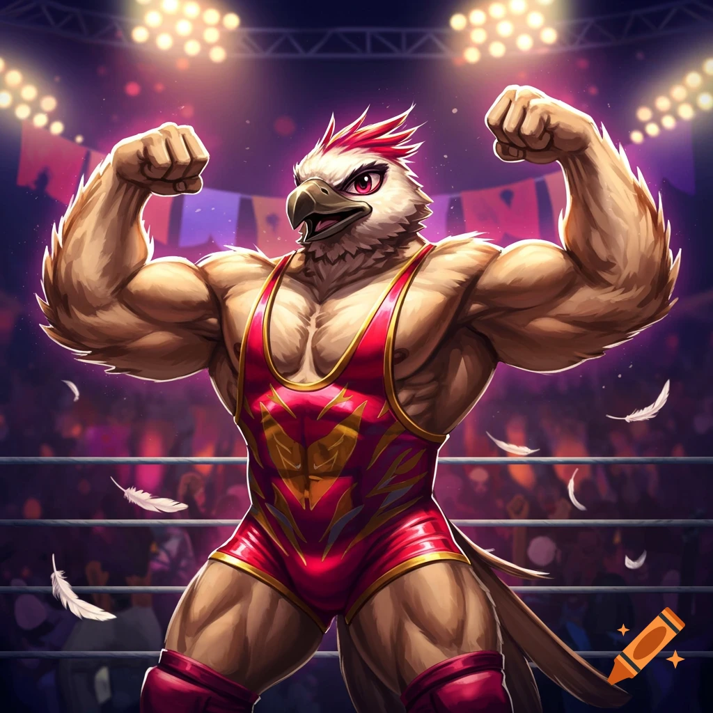 A muscular anthropomorphic bird with white and red feathers in a red wrestling singlet flexing in a wrestling ring under bright spotlights, with feathers falling.