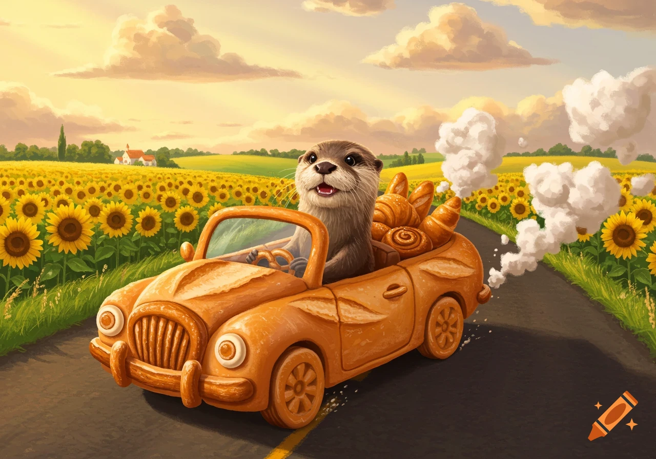 A cheerful otter drives a car made of bread through a vibrant sunflower field at sunset, carrying pastries.