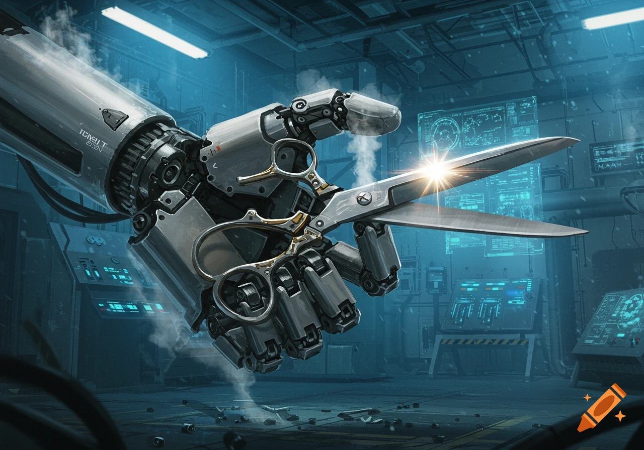 A large robotic arm holds open shiny metal scissors in a dimly lit, futuristic laboratory with glowing blue screens and pipes.
