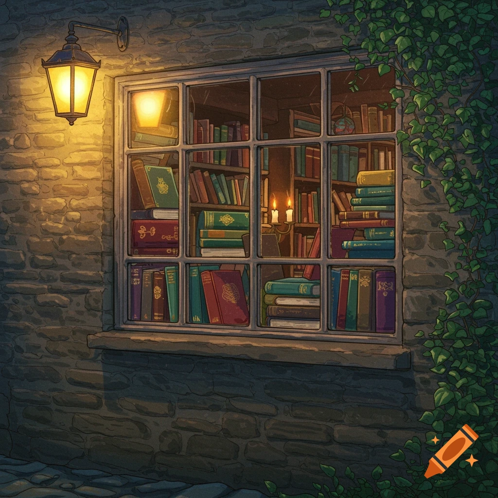 A cozy window filled with books, illuminated by a warm lantern and candlelight, on a stone building at night.