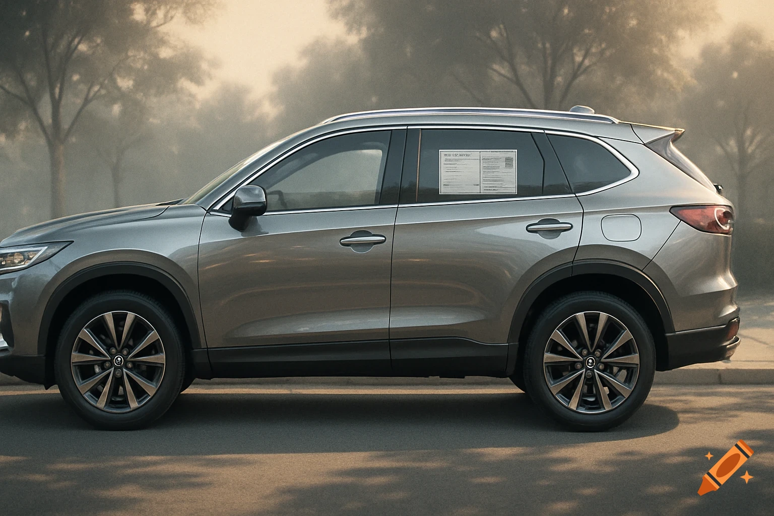 Side view of a gray SUV with a white sticker on the rear passenger window, on a street with trees in the background.