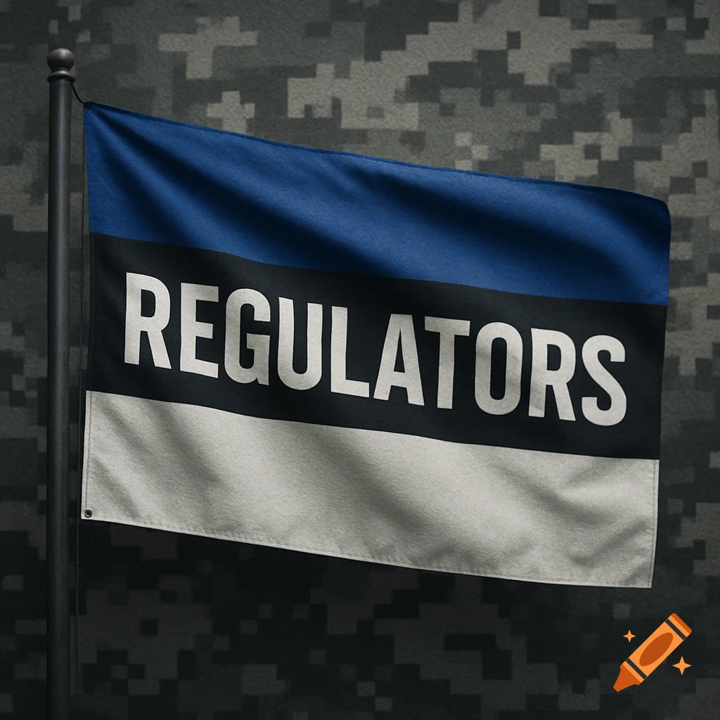 A blue, black, and white flag with the word "REGULATORS" in white text, set against an urban camouflage background.