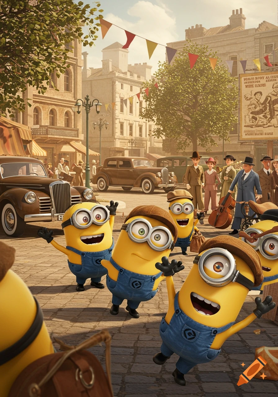 Five cartoon Minions in overalls run down a bustling 1940s city street with vintage cars and people.