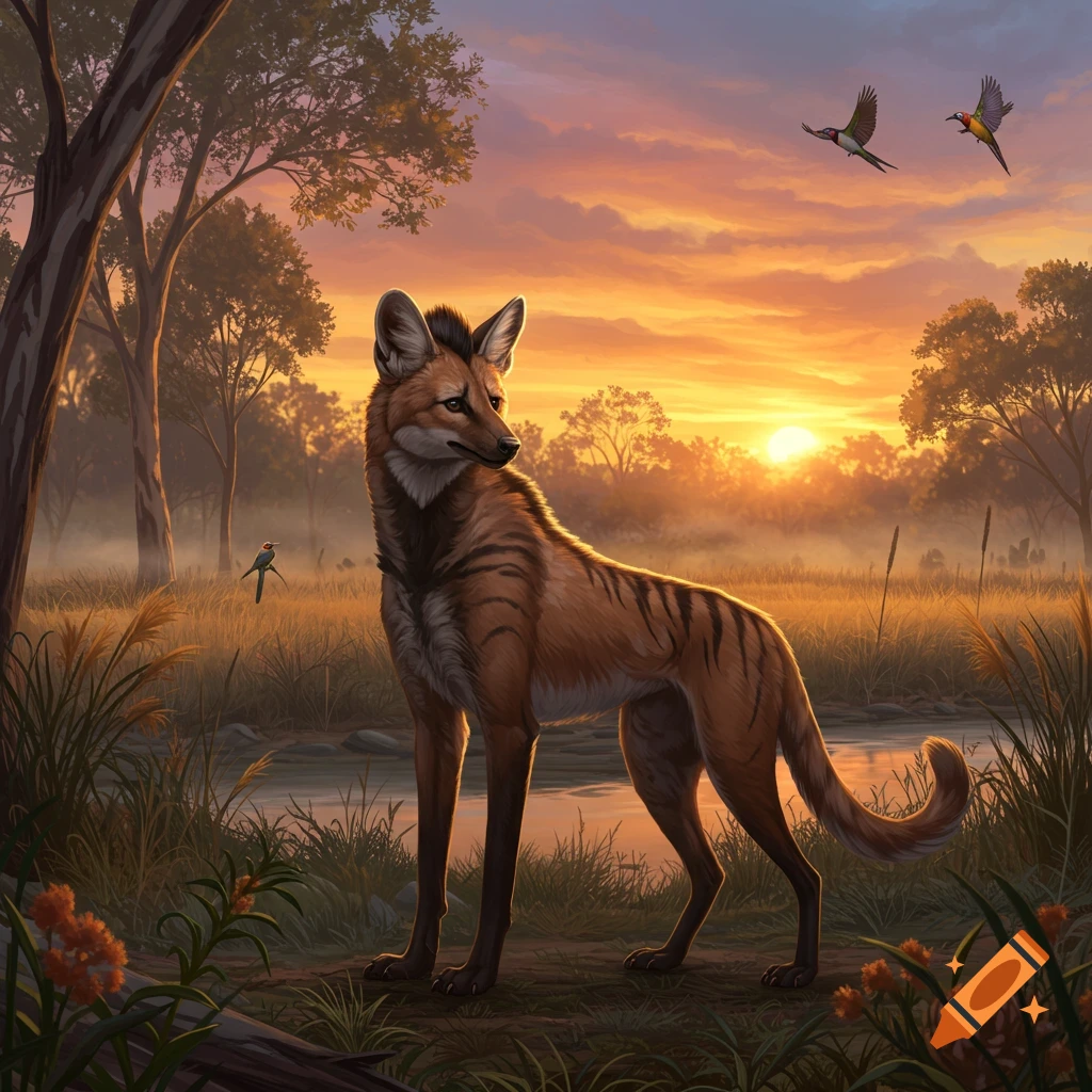 A unique maned wolf-thylacine hybrid stands in a golden sunset landscape with trees, a stream, and birds flying.