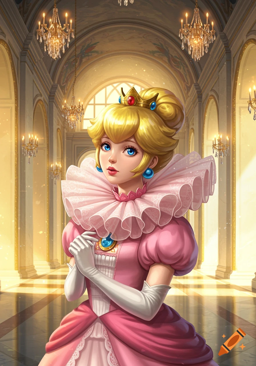 A detailed illustration of Princess Peach in a pink dress with a large ruffled collar, standing in an opulent ballroom.