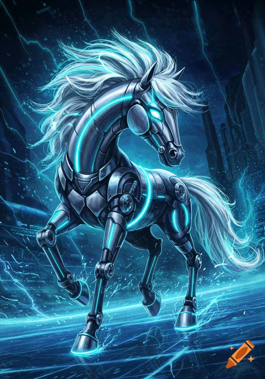 A vibrant illustration of a metallic robotic horse with glowing blue lines and a white mane, standing in a futuristic blue-lit environment.