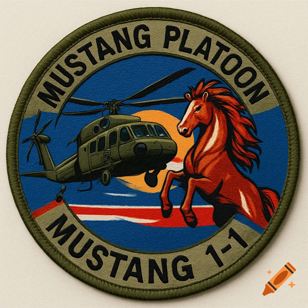 A round military patch featuring a green UH-60 Blackhawk helicopter and a red-brown rearing horse against a blue sky with a sun and stripes. Text reads MUSTANG PLATOON MUSTANG 1-1.
