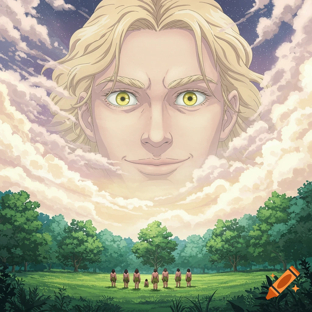 A giant, smiling man with blonde hair in the clouds looks down at a group of people wearing fig leaves in a green forest clearing, in an anime style.