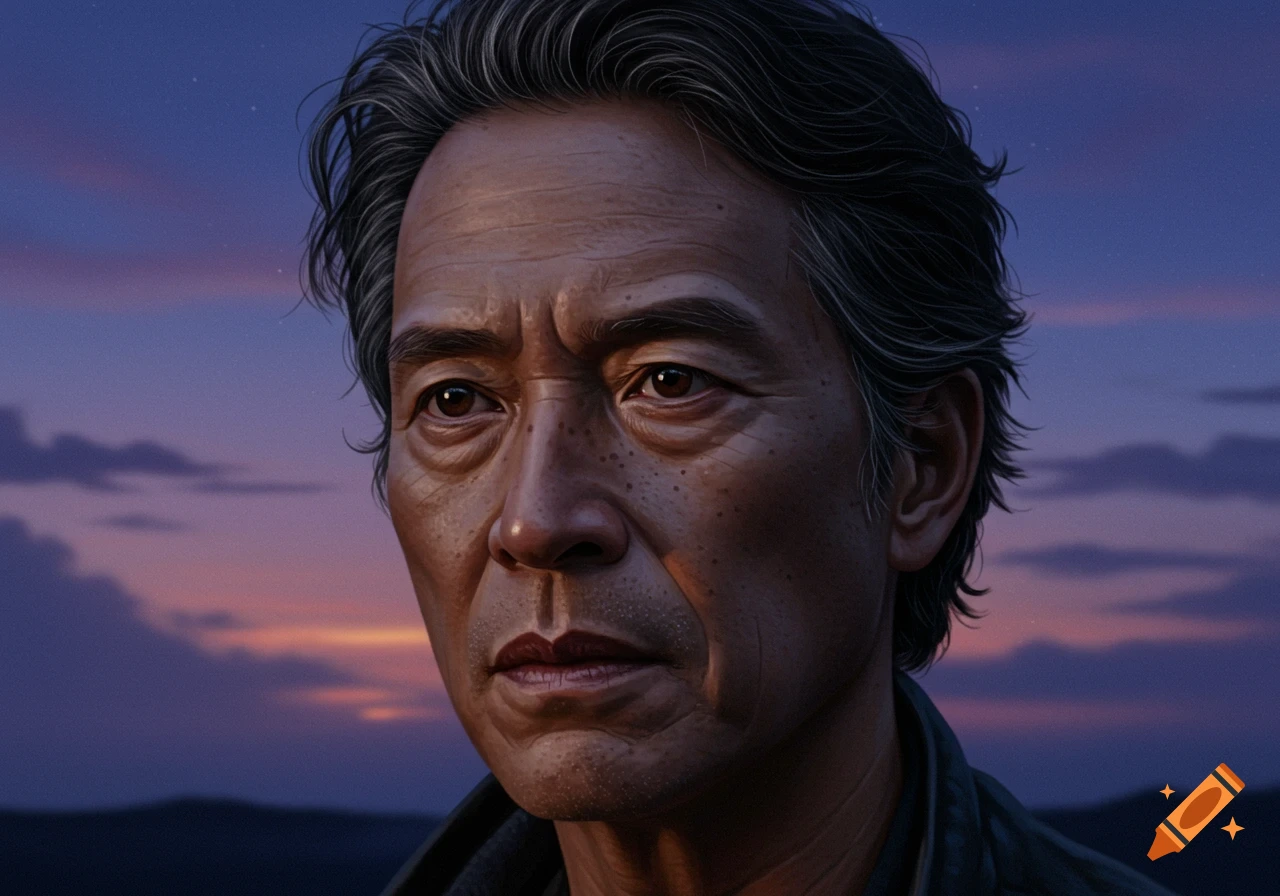 A realistic portrait of an older man with a calm expression and graying hair, against a purple and blue twilight sky.