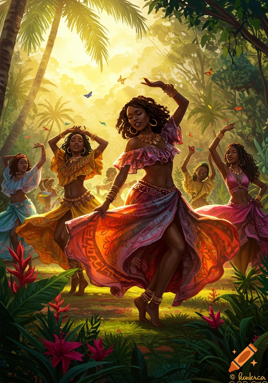 Several Black women with vibrant flowing dresses dance joyfully in a sunlit tropical forest. Digital art.