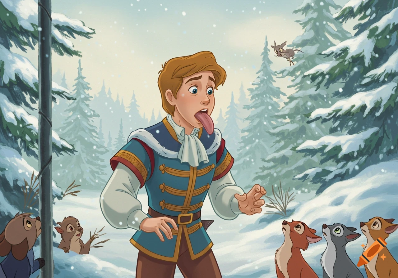 A cartoon prince with an exaggeratedly long tongue stuck out, standing in a snowy forest surrounded by small animals.