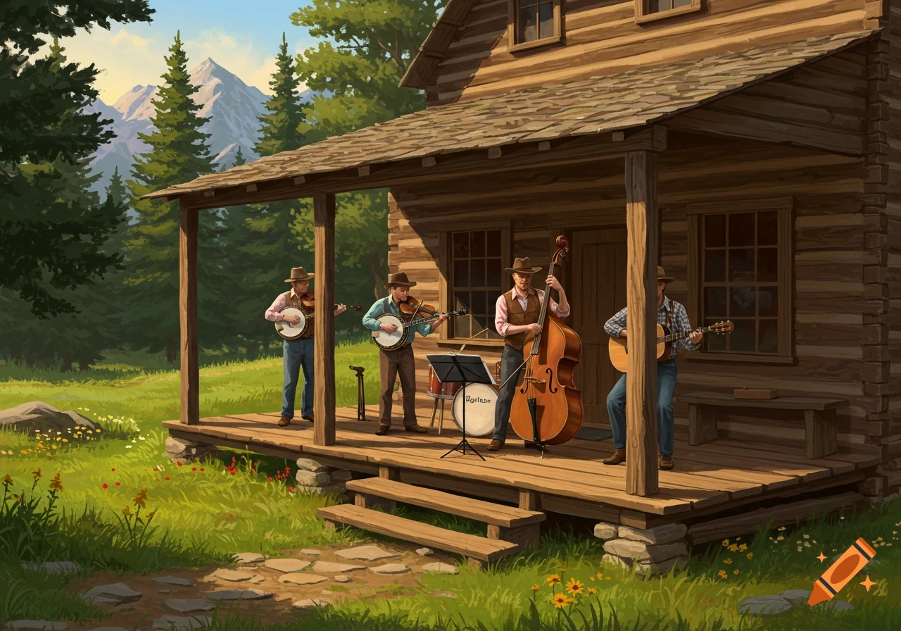A bluegrass band plays banjo, fiddle, bass, and guitar on a rustic log cabin porch in a mountain landscape, illustrated style.