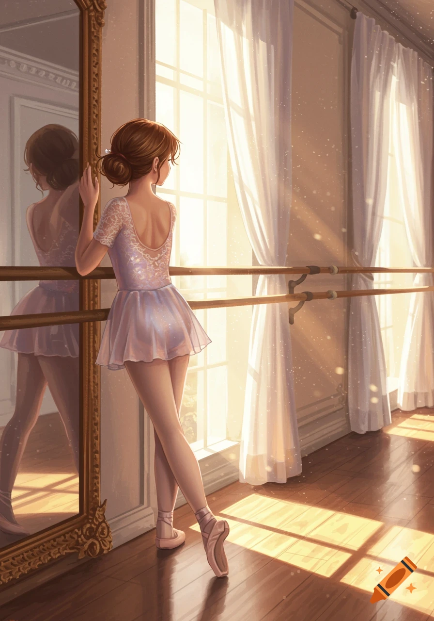 An illustrated young woman in a purple leotard stands in a sunny ballet studio, looking out a window, her reflection in a mirror.